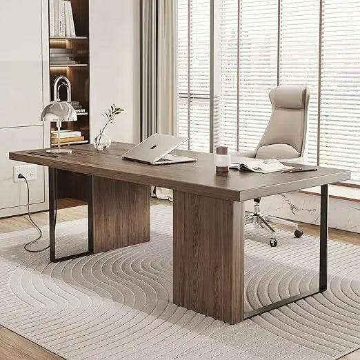 60-Inch Modern Desk, Wooden Computer Executive Desk with Built-in Power Outlet and Large Tabletop Workstation Writing Table Stud from PriceLows™