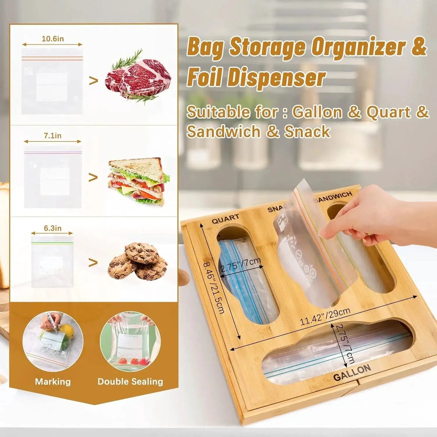 Bamboo Kitchen Organizer | Wrap and Foil Dispenser | Wall Mount Drawer | 65 Bags