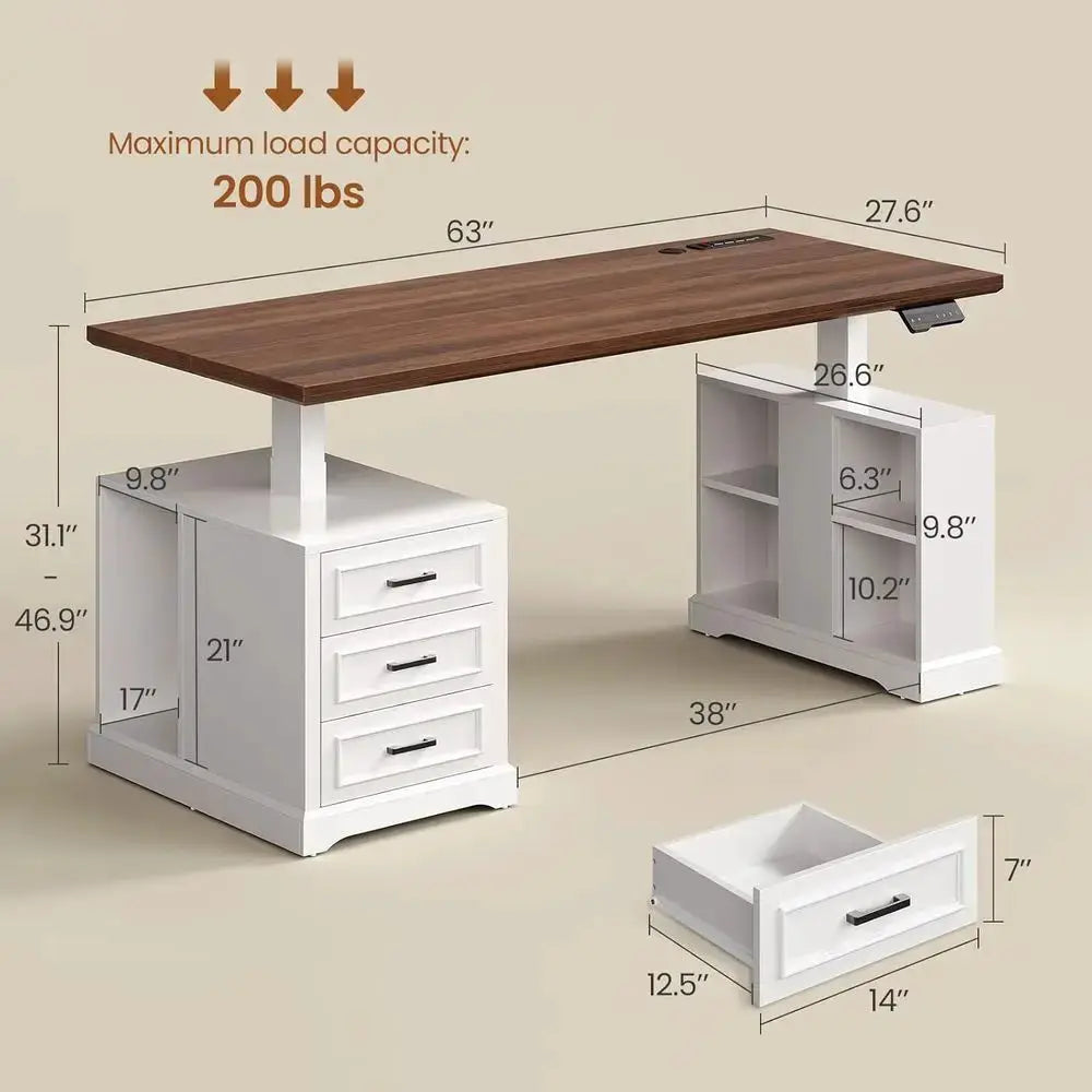 63 Adjustable Electric Standing Desk with 3 Drawers, Shelves, Power Outlets, White Wooden Office Desk for Home Use from PriceLows™