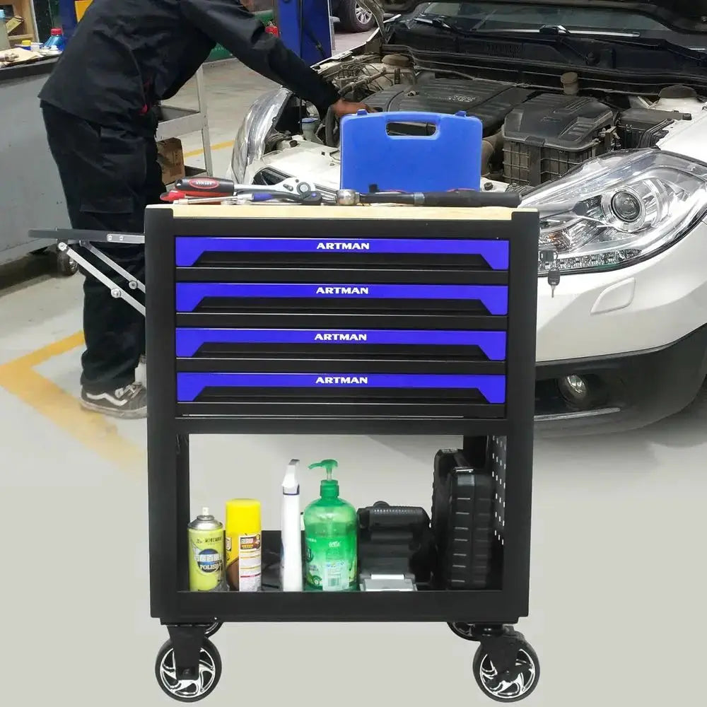Portable 4-Drawer Rolling Tool Chest with Wooden Top, Blue Mechanic Workbench for Garage and Repair Shop Storage from PriceLows™