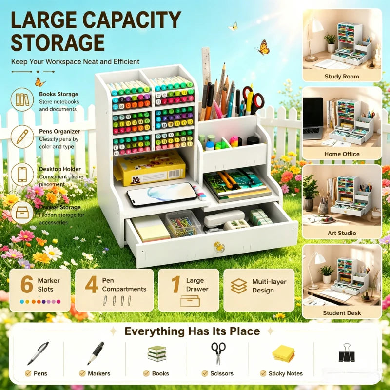 Wooden Desk Organizer | 10-Slot Pen Pencil Holder | Single Drawer | One Size