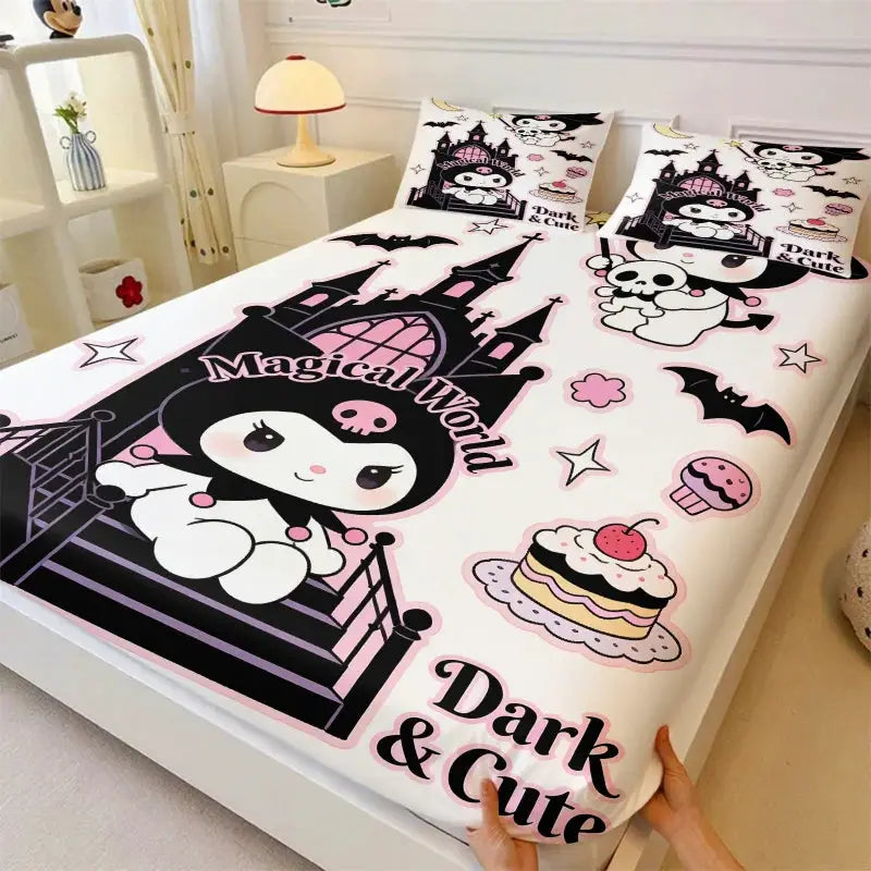 Sanrio Kuromi Magical Castle Fitted Sheet Set Cute Dark Anime Bed Sheet Pillowcases Girl Bedroom Soft Cartoon Mattress Protector from PriceLows™