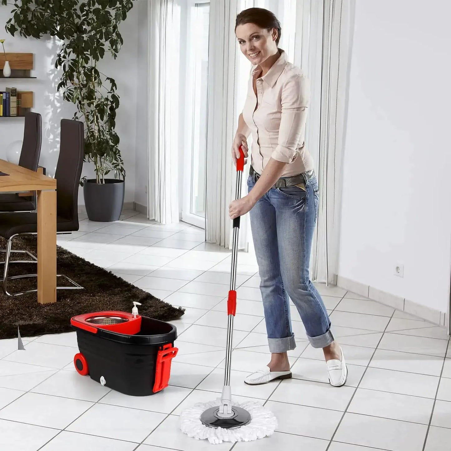 Spin Mop Bucket Sets 360° Spinning Floor Cleaning System with 3 Microfiber Replacement Heads, Extended Handle Household Item from PriceLows™