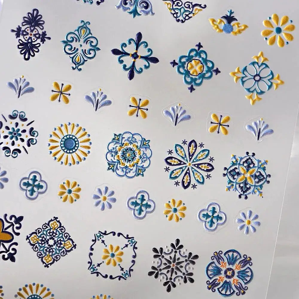 1PC Bohemia Nail Art Stickers 5D Bohemia Nail Sticker Decal Abstract Design Retro Blue Yellow Flower Self Adhesive Nail Supplies from PriceLows™
