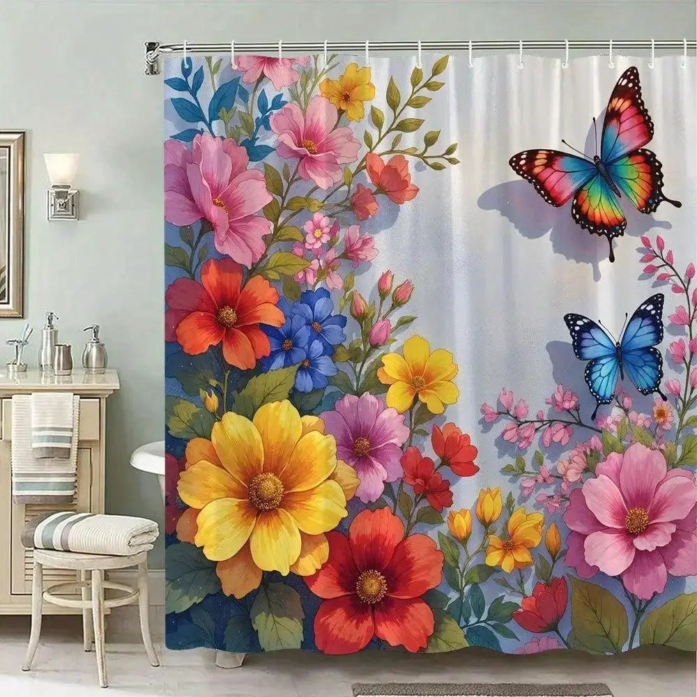 1pc Colorful Butterfly and Flower Shower Curtain | Vibrant Butterflies in Pink, Red, Blue, Green, Surrounded by Detailed Flowers from PriceLows™