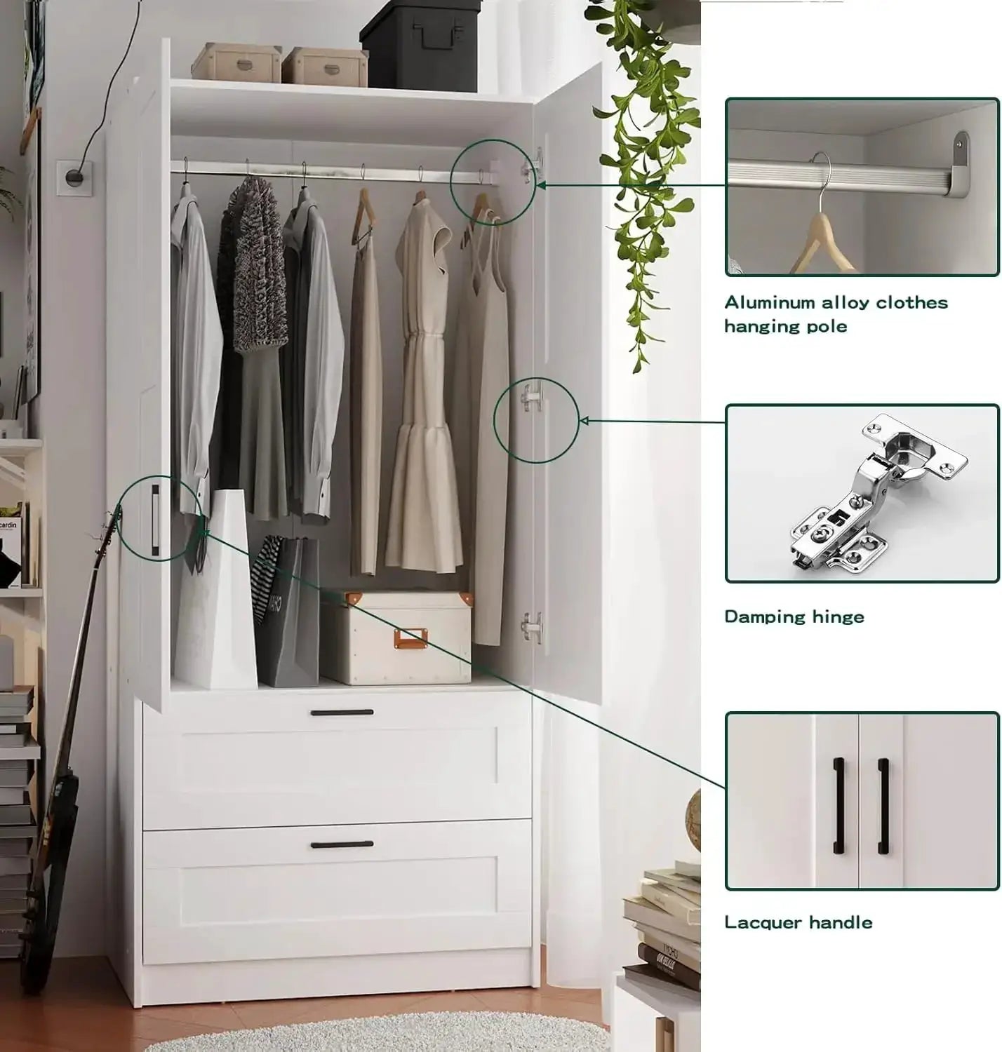 White Wood Wardrobe Closet with 2 Doors and 2 Drawers, Freestanding Armoire Storage with Shelves for Hanging Clothes from PriceLows™