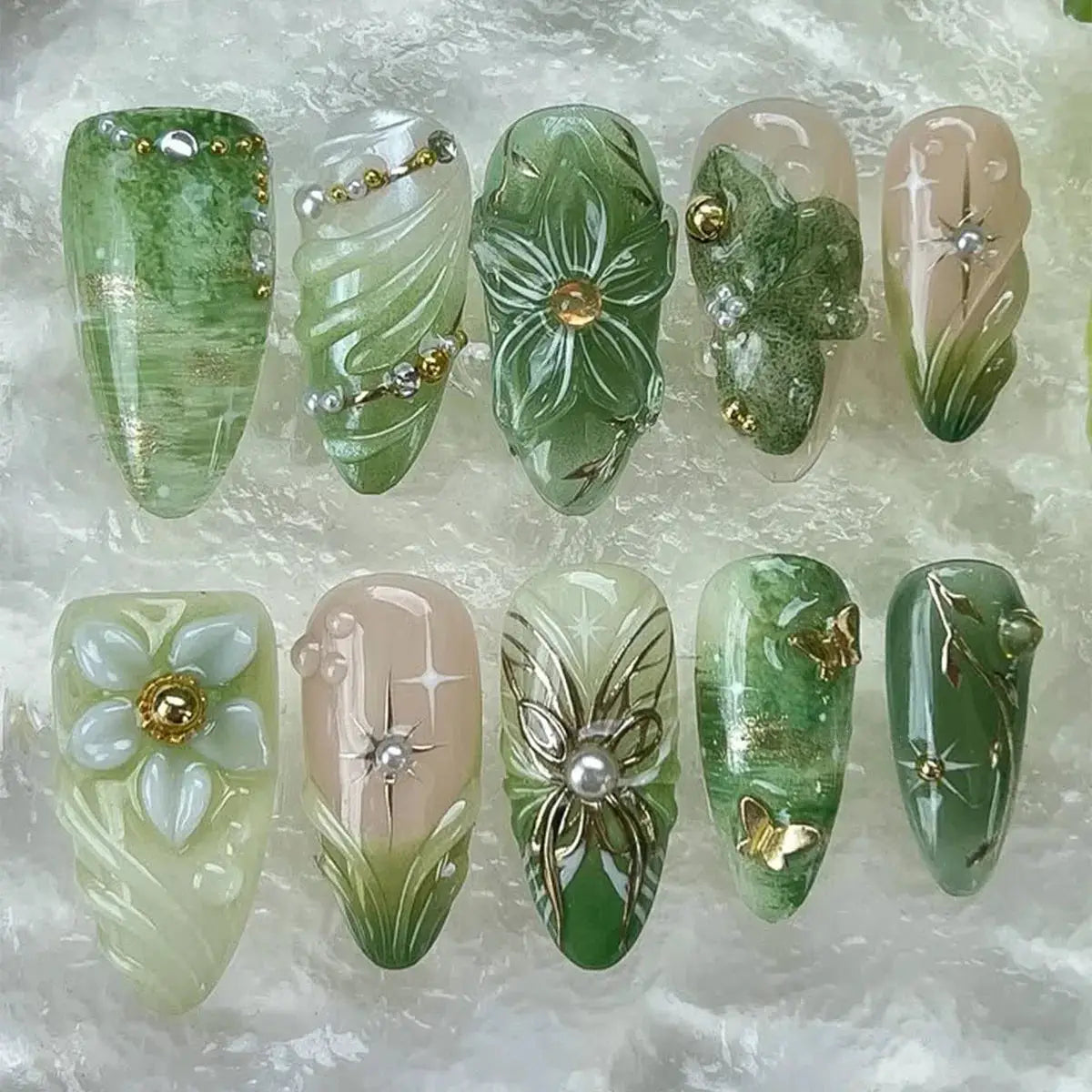 Almond Press On Nails | Acrylic Finish | Pearl Flower Design | 24 Piece Set