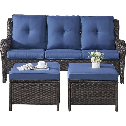 3-Piece Outdoor Wicker Patio Furniture Set with Sofa and 2 Ottomans - Rattan Garden Deck Seating (Brown/Blue) from PriceLows™