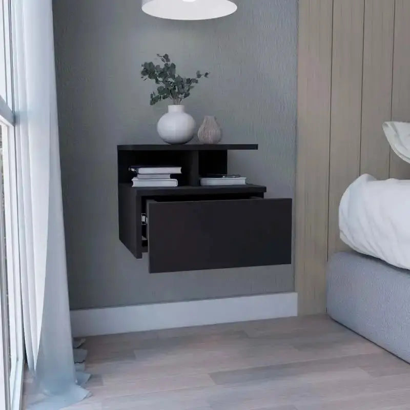 Floating Nightstand 12"H, Wall Mounted with Single Drawer and 2-Tier Shelf, Black from PriceLows™