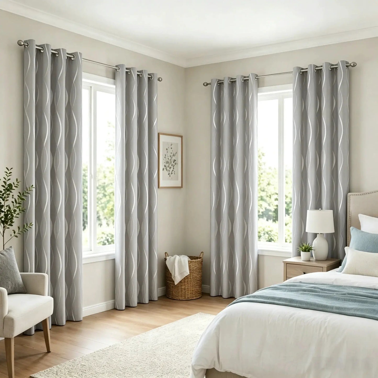 4 Panels Blackout Curtains Silver Wave Foil Design Grommet Top Window Treatment 5 Colors Available Room Darkening Thermal Insulated Indoor Outdoor Curtains from PriceLows™