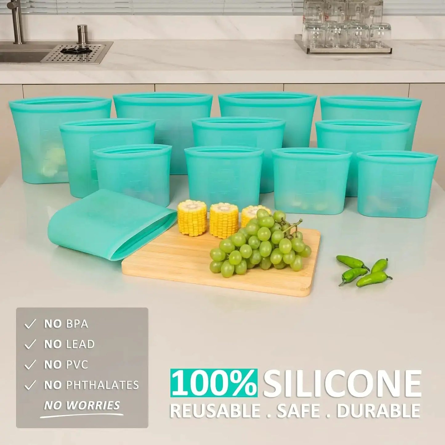 Reusable Silicone Bags | Stand Up Zip Lock | Freezer Safe | 4 Med 4 Sm 4 XS