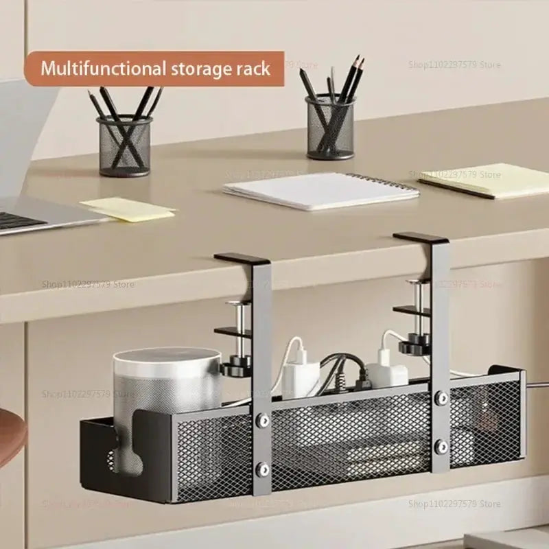 Large Capacity Clip-On Under Desk Cable Organizer - No Drilling Required, Space Saving Metal Cable Storage Basket for Home Desk from PriceLows™