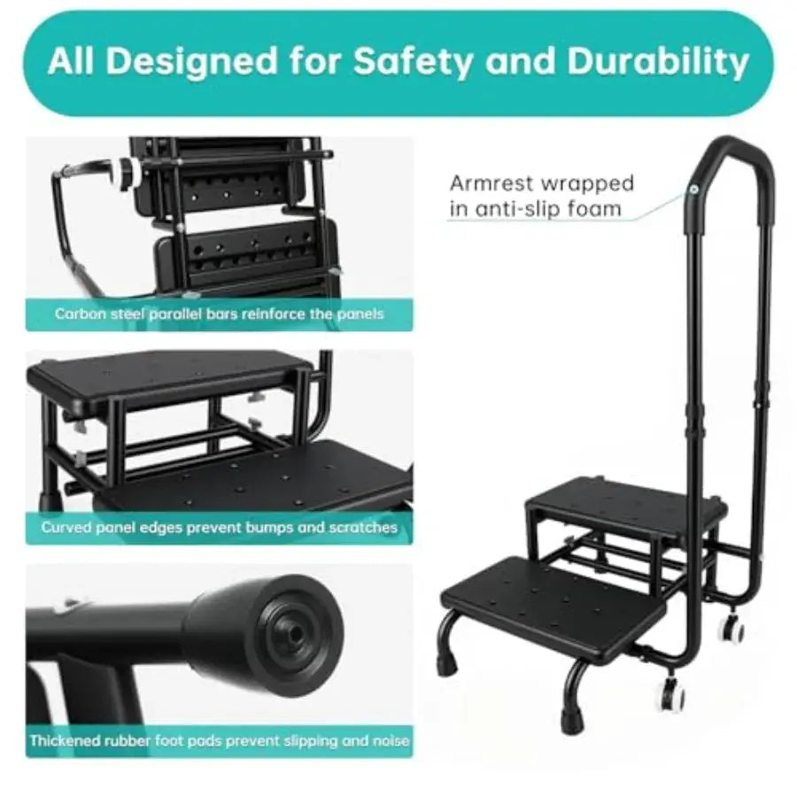 2 Step Stool with Handrail and 2 Casters for Elderly Bed Steps for High Beds for Adults Non Slip Platform and Adjustable Handra from PriceLows™