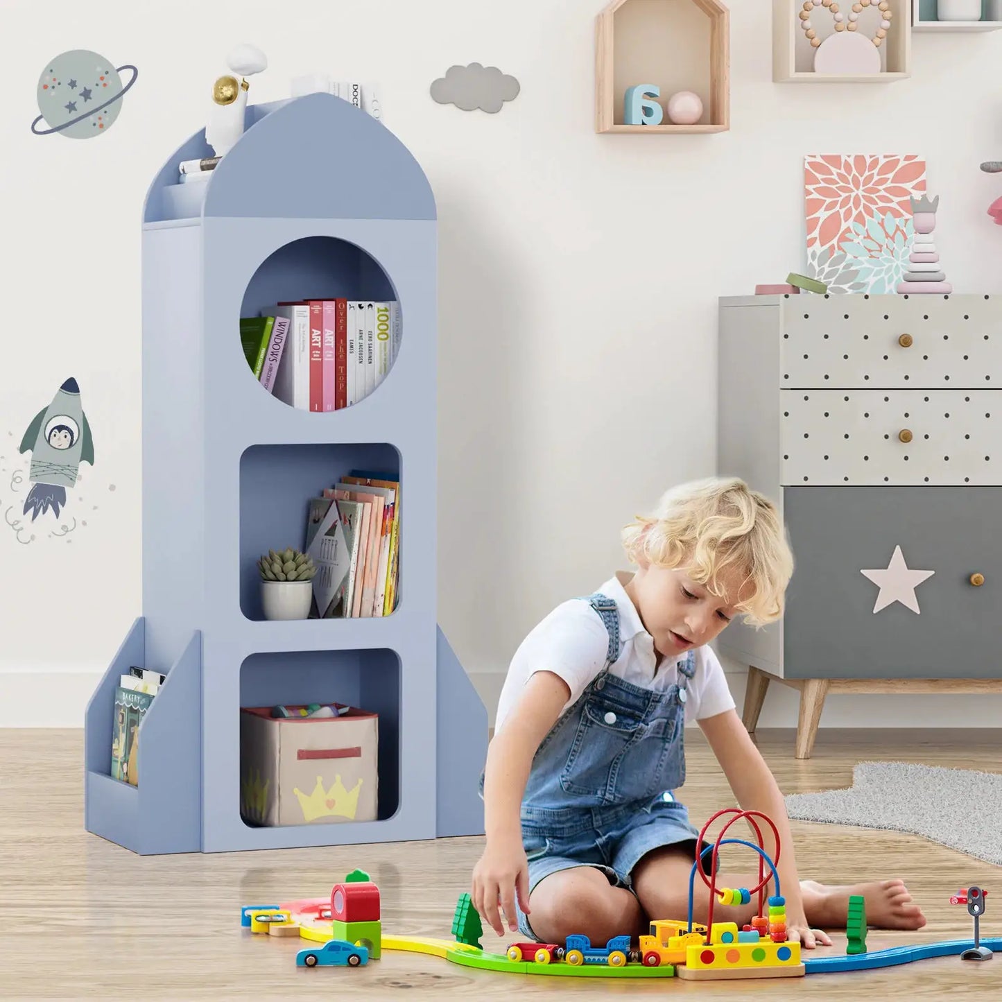 3-Tier Rocket Baby Book Shelf Side shelves, Wood Open Toddler Bookcase, Kids Bookshelf & Toy Storage, Spacious Display Organizer from PriceLows™