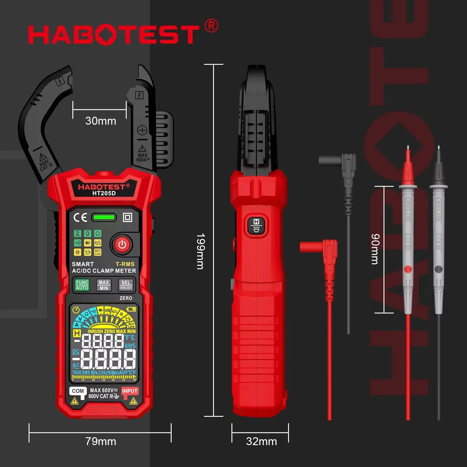 HABOTEST HT205 Clamp Meter 600A True RMS AC/DC Current Amp Meter Measures Current Voltage Temperature Capacitance Ohm Tester from PriceLows™