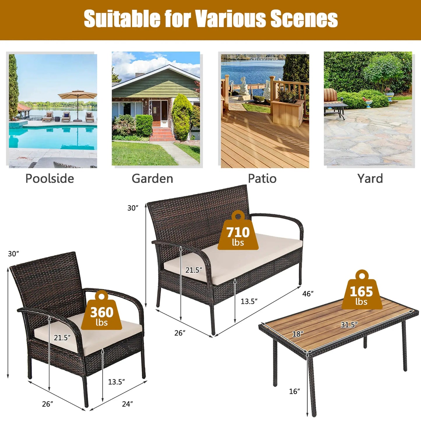4PCS Patio Rattan Furniture Set Outdoor Conversation Set Coffee Table w/Cushions from PriceLows™
