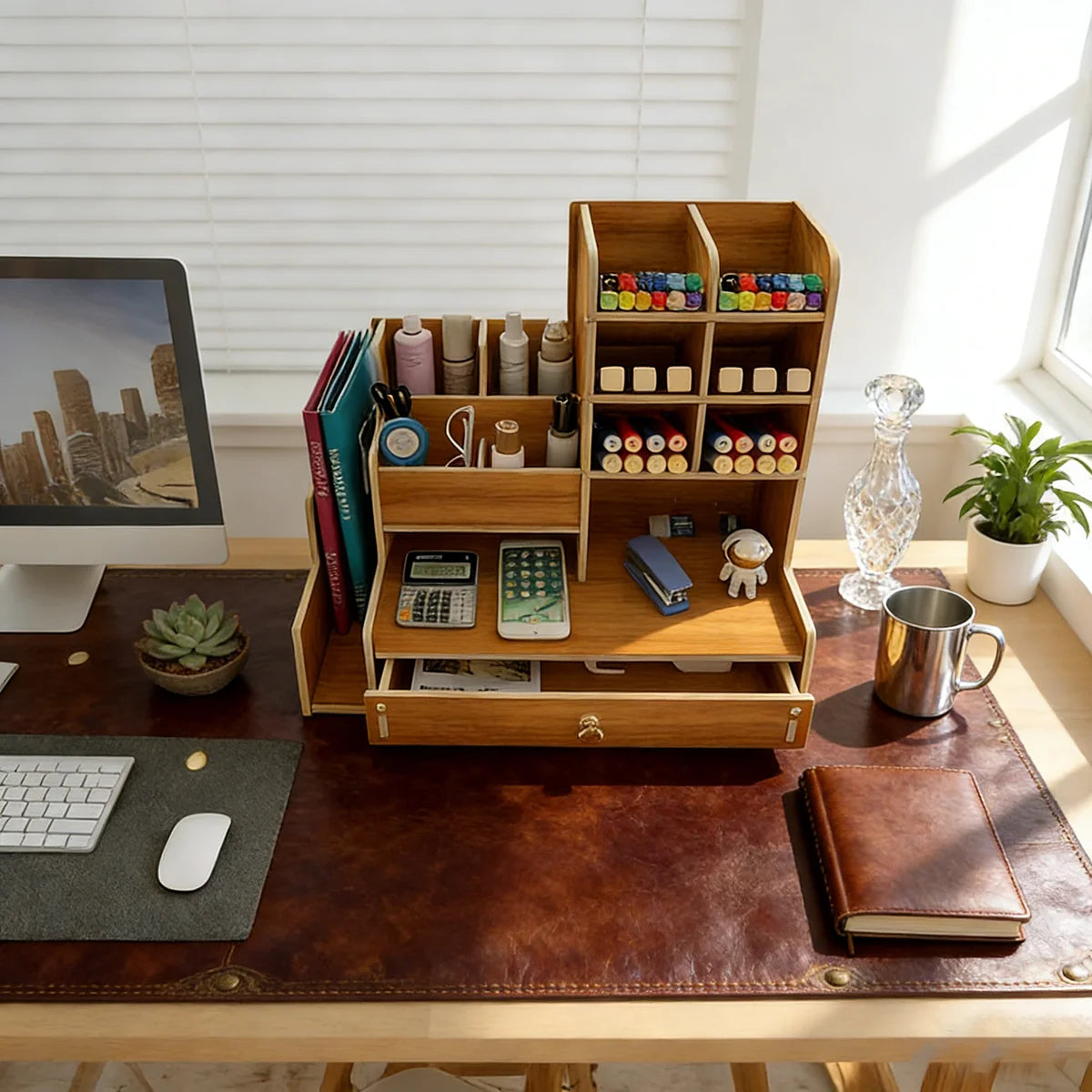 Desk Organizer | Wood Grain Finish | With Drawer | Multi Grid Caddy
