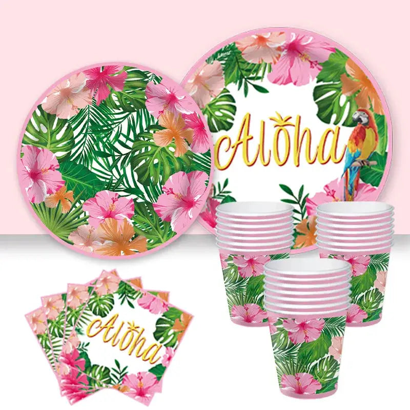 Hawaiian Aloha Tableware Set Summer Party Paper Plates Cups Napkins