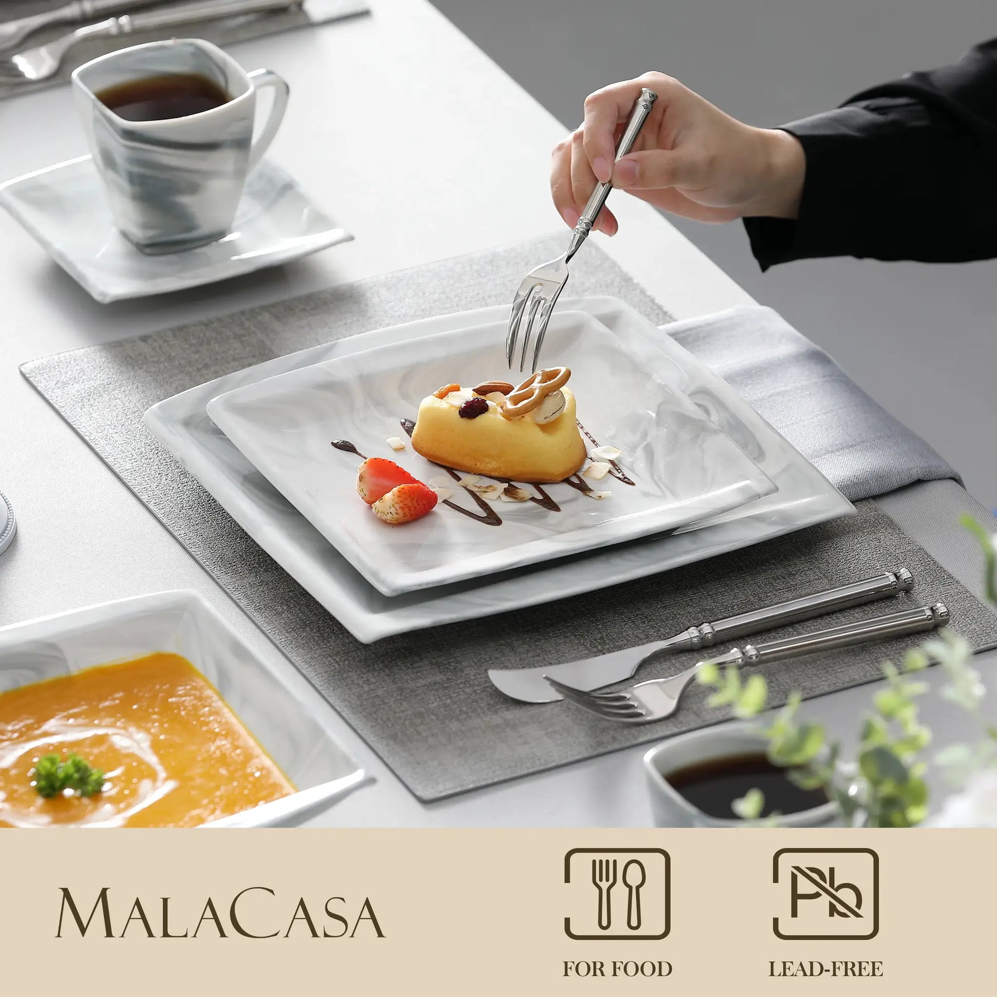 MALACASA 30/60PCS Marble Grey Porcelain Tableware Dinnerware Set with 6PCS Dessert/Soup/Dinner Plate/Cup/Saucer,Service for 12 from PriceLows™