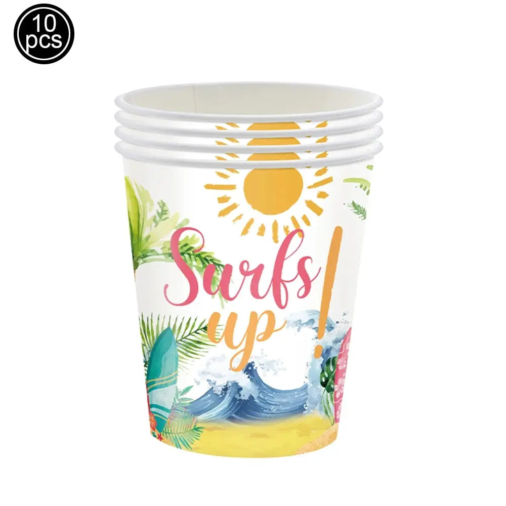 Surf Beach Party Tableware | Paper Plates Napkins Cups | Tattoos And Snack Tray
