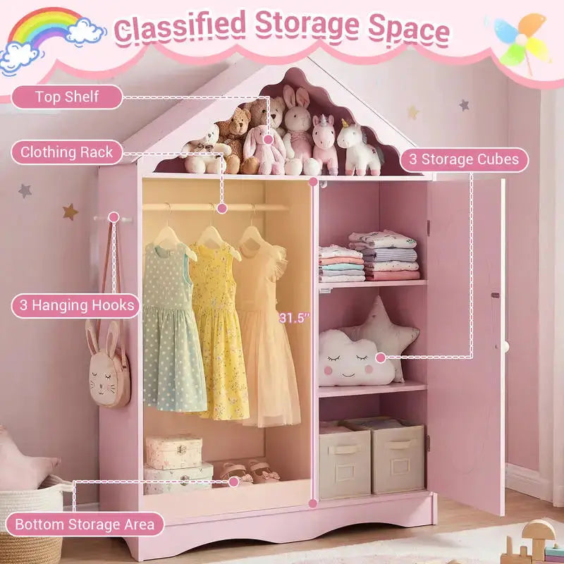 Kids Dress Up Storage with Mirror Roofed Wardrobe Closet with Open Hanging Rack-Pink from PriceLows™