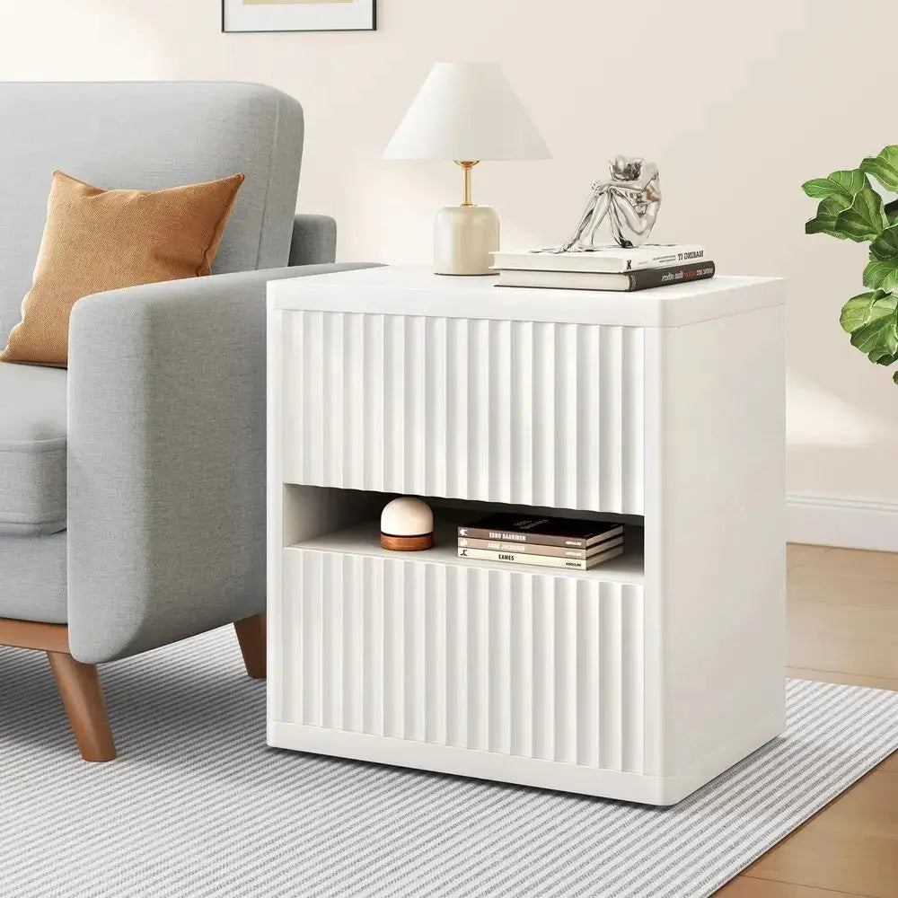Fluted Nightstand Set of 2, 22 Wide Night Stand with 2 Large Drawers, Mid Century Modern Wood Bedside Table with Open Shelf, La from PriceLows™