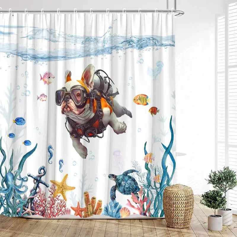 Funny Diving Cat Dog Shower Curtain Cute Cartoon Bathing Animals Sea Turtle Underwater Scenery Kids Bathroom Curtains Decor Set from PriceLows™