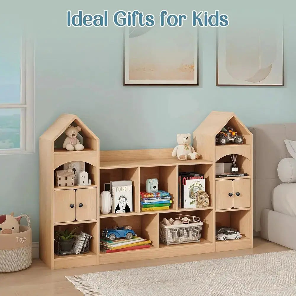 Children's Castle-Shaped Bookcase and Toy Organizer, Oak Finish, Multipurpose Storage for Playroom from PriceLows™