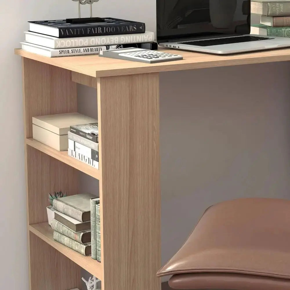 Maple Finish L-Shaped Corner Desk with 360-Degree Swivel and Storage Shelves for Home Office Writing and Workstation Use from PriceLows™