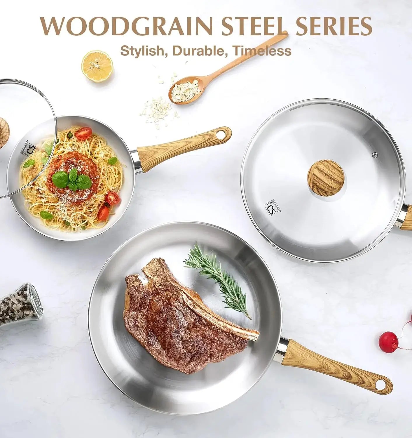 KOCH SYSTEME CS Stainless Steel Frying Pan Set of 3, 8"&10"&12" Stainless Steel Pans Set with Heat-resistant Bakelite Handle from PriceLows™
