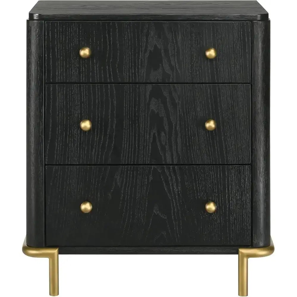Wood 3-Drawer Nightstand with USB Ports, Soft-Lined Top, Aged Brass Knobs, Metal Base - Black from PriceLows™