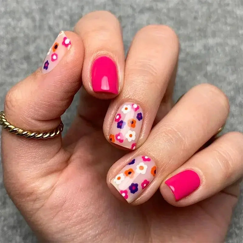 Short Almond Press On Nails | Pink Floral French | Reusable Full Cover | 24 Pcs