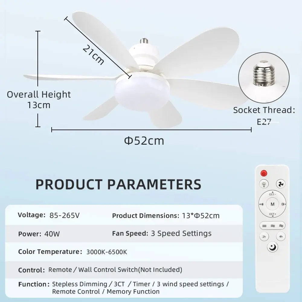 Dimmable Ceiling Fan Light | 110V/220V | E27 Base | Remote, 3 Color Temperatures
