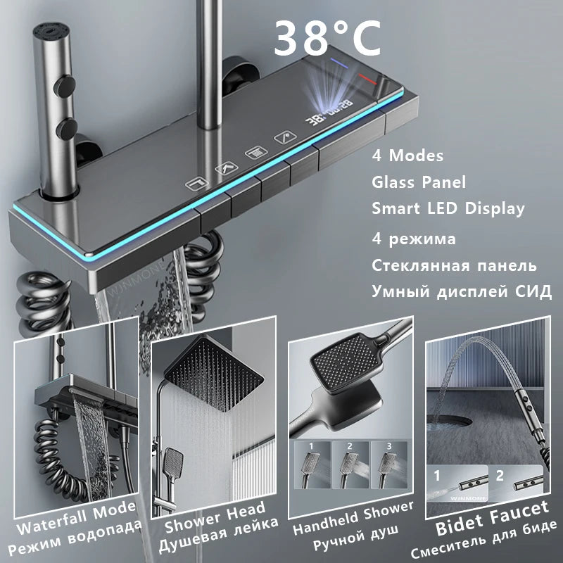 Shower System | Thermostatic Faucet | LED Display Rainfall Shower | Glass Panel