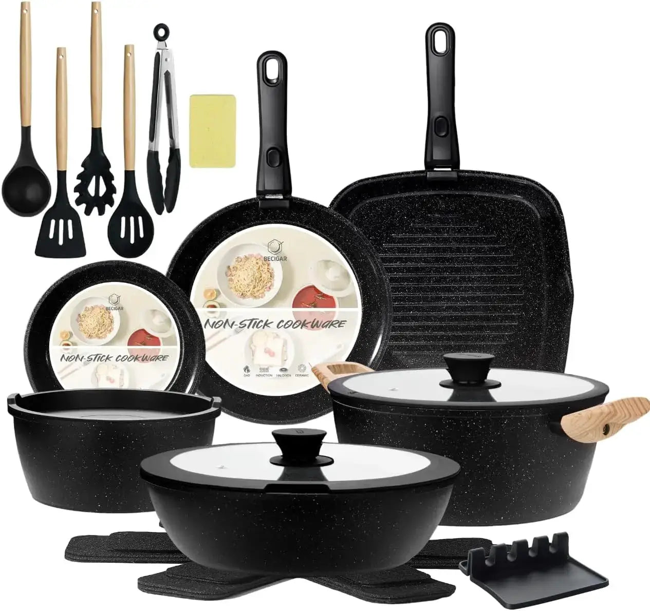 23pcs Ceramic Pots and Pans Set, Nonstick Detachable Handle Cookware, Induction Kitchen Cooking Set with Removable Handle, Frying Pans & Saucepans Oven Safe (Black) from PriceLows™