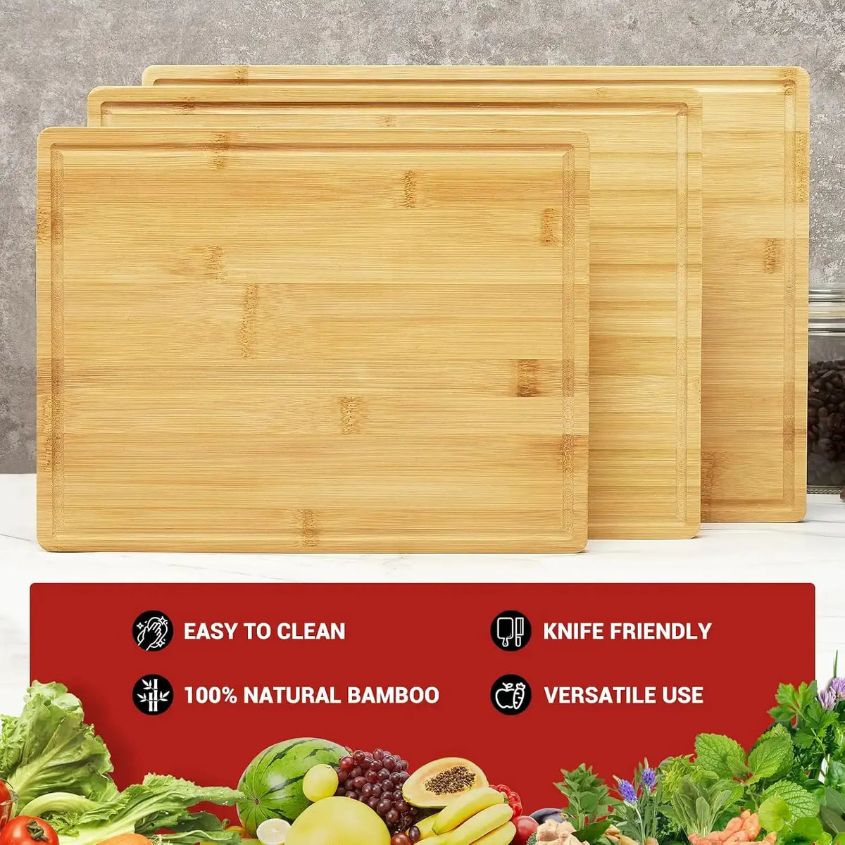 3 Piece Natural Bamboo Cutting Boards Set with Stand | Kitchen Chopping Boards | 3-Piece | Bamboo | Home