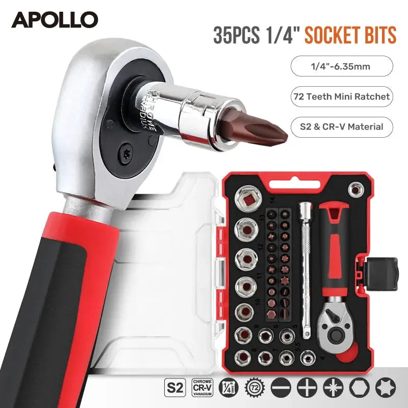 Apollo 35Pcs 1/4" Mini Ratchet Wrench Socket Set w/ Hex Bits & Quick-Release for Auto Repair Socket Wrench Set & Hand Tool Kit from PriceLows™