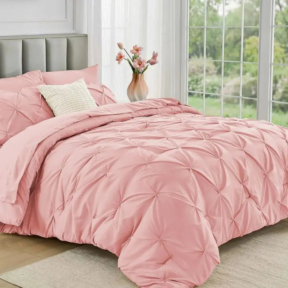 7-Piece Queen Comforter Set - All Season Pintuck Bedding with Sheet, Pillowcases, and Shams in Pink from PriceLows™
