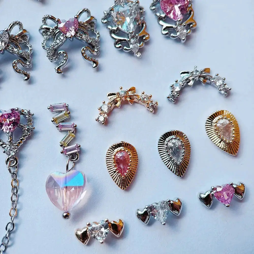 10pcs Valentine's Day Pink Love Heart Ribbon Zircon Metal Nails Jewelry Decorations Nail Art Accessories Charms Parts Supplies from PriceLows™