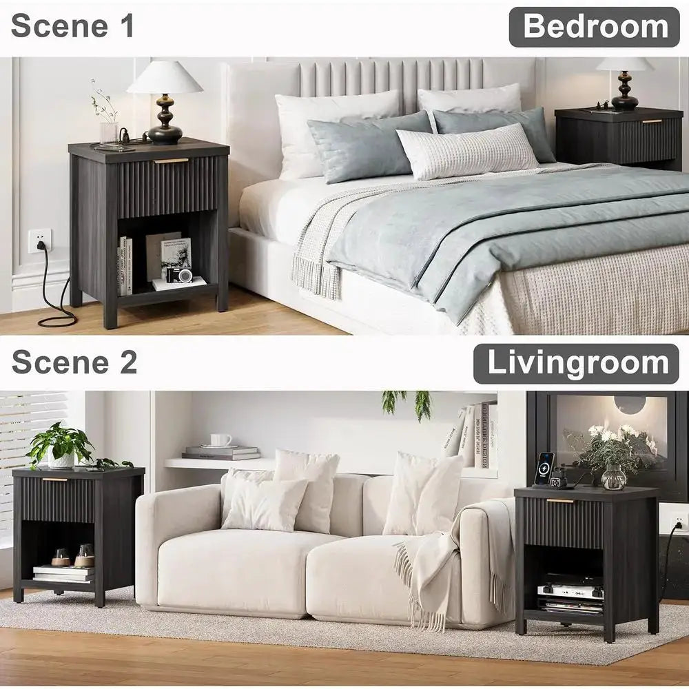 2-Piece Grey Charging Station Nightstands with Storage for Bedroom from PriceLows™