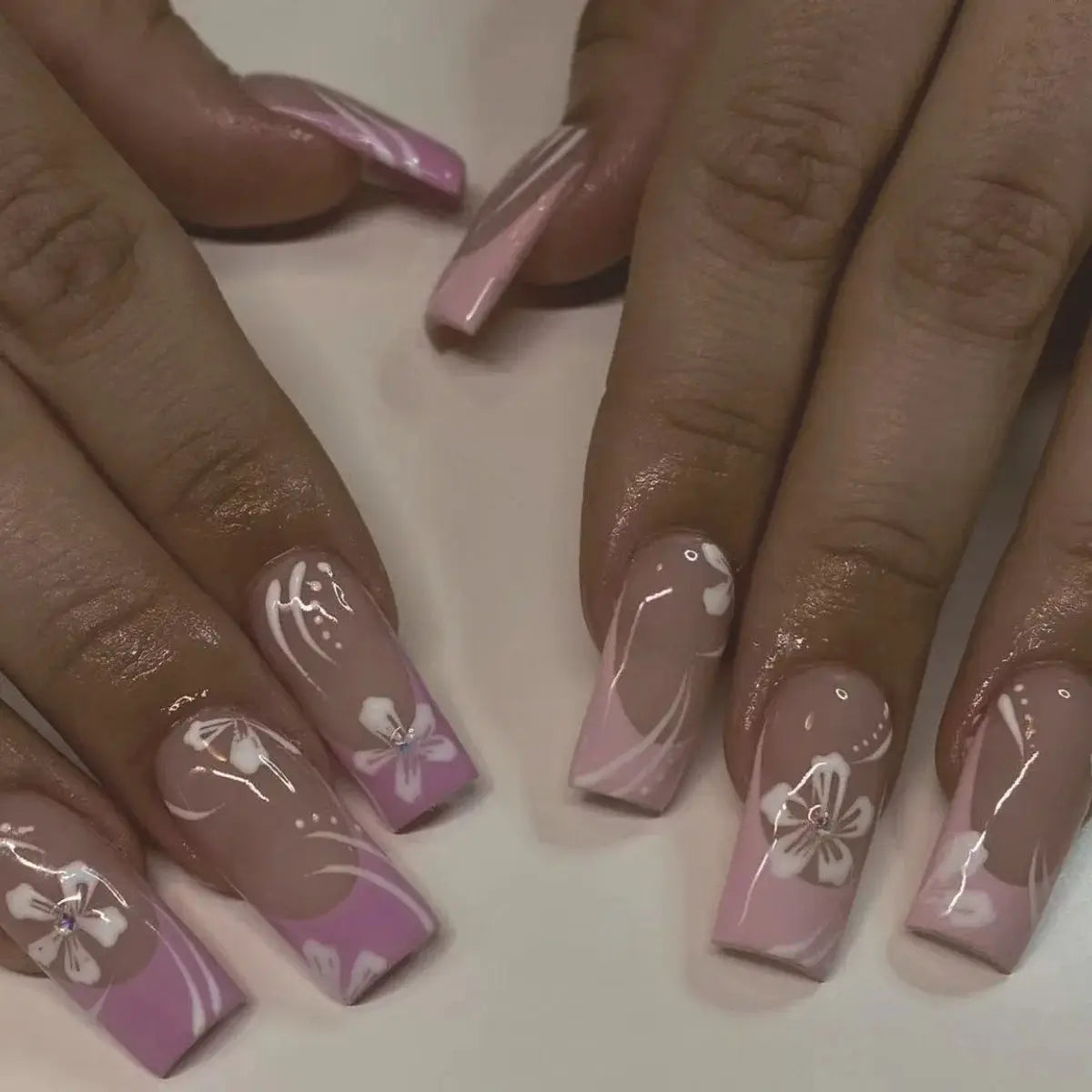 Press On Nails | Resin Coffin Shape | French Floral Print | 24 Pieces