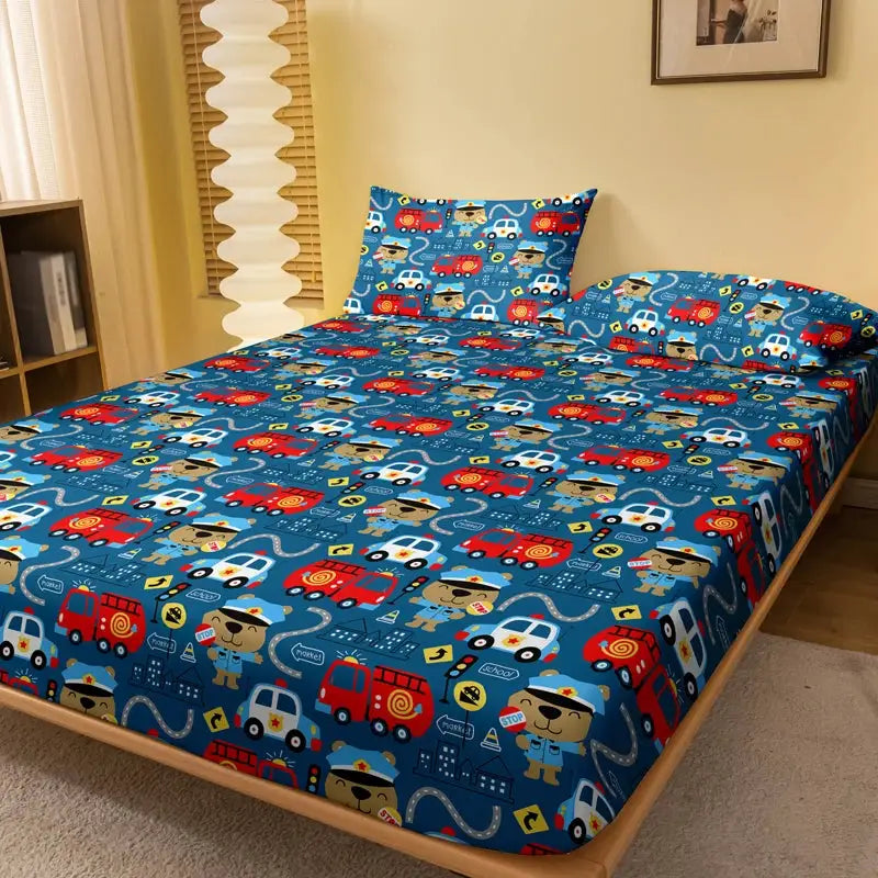 1Pc First Aid Car Pattern Brushed Fitted Sheet,Bedroom Cartoon Anime Printed Bedspread,Bedding(Not Include Pillowcase) from PriceLows™