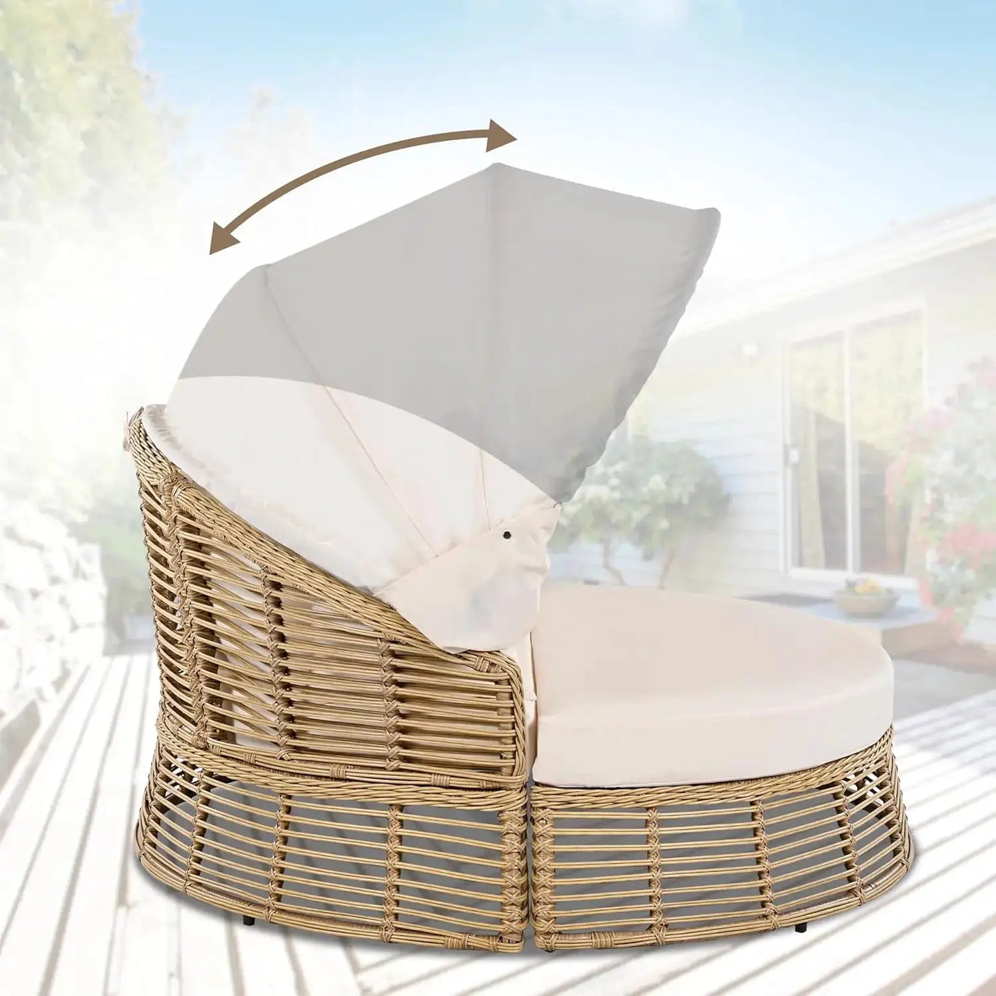 Outdoor Patio Rattan Round Daybed with Retractable Canopy Wicker Furniture Round Poolside Sofa Sunbed with Removable Cushions (B from PriceLows™