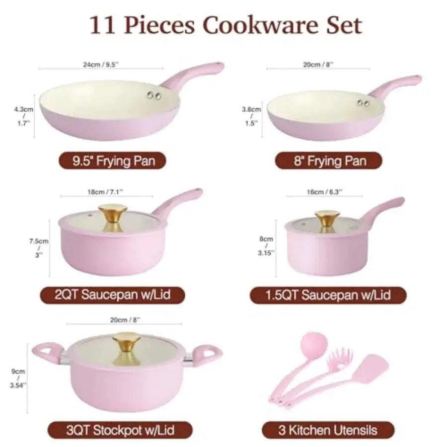 Pots and Pans Set Non Stick Ceramic Cookware Set 11-Piece Induction Cookware Non Toxic Healthy Kitchen Cooking Set Gold Knobs L from PriceLows™