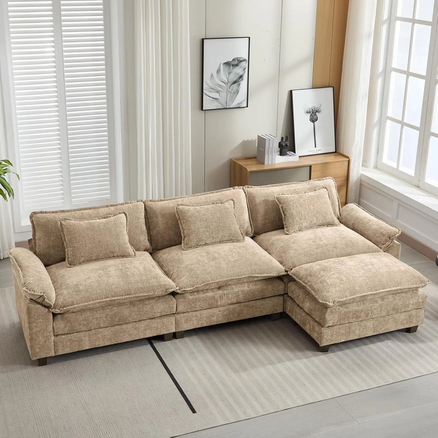 Sectional Sofa | L-Shaped With Ottoman | Chenille Fabric | Seating For Four