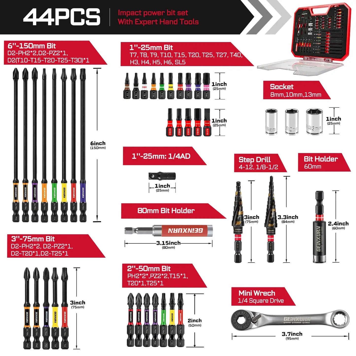 Geinxurn Tools Set Packaged with Screwdriver Bit,Mini Wrench,Socket Driver,Step Drill,Socket Adapter and Bit Holder for DIY from PriceLows™