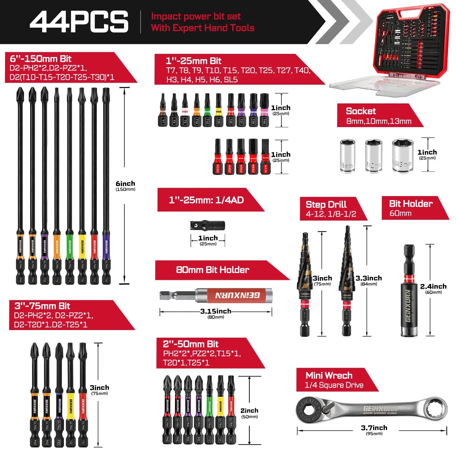 Geinxurn Tools Set Packaged with Screwdriver Bit,Mini Wrench,Socket Driver,Step Drill,Socket Adapter and Bit Holder for DIY from PriceLows™