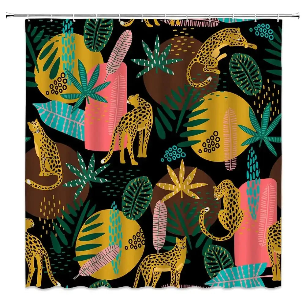 Boho Cheetah Shower Curtain,Tropical Leopard Wildlife Bath Curtain,Modern Pink Aesthetic Moon Phase Blue Floral Bathroom Curtain from PriceLows™