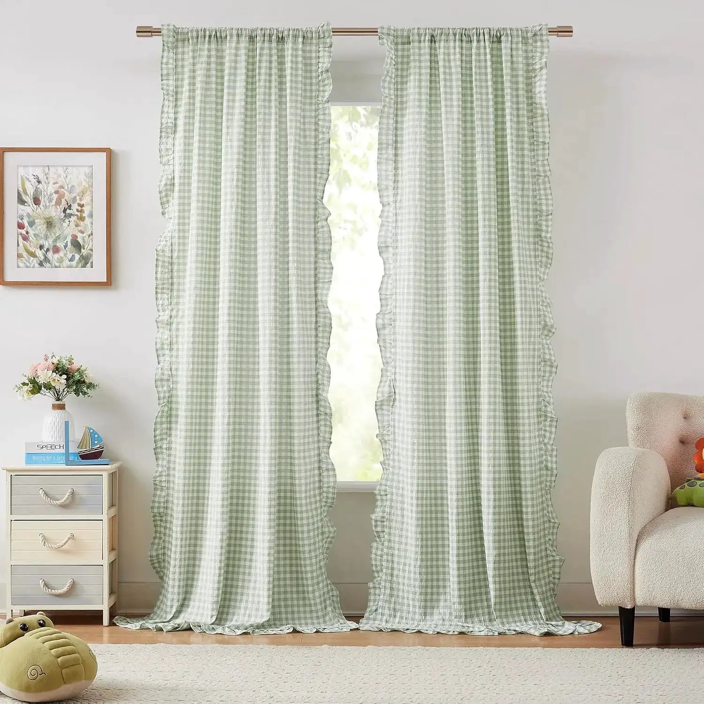 Sage Green Buffalo Plaid Curtain Panels for Kidsroom, Not-See-Through Sheer Ruffle Drapes, Shabby Chic Window Treatment for from PriceLows™