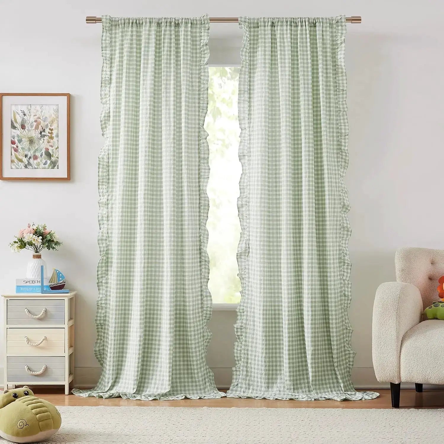Sage Green Buffalo Plaid Curtain Panels for Kidsroom, Not-See-Through Sheer Ruffle Drapes, Shabby Chic Window Treatment for from PriceLows™